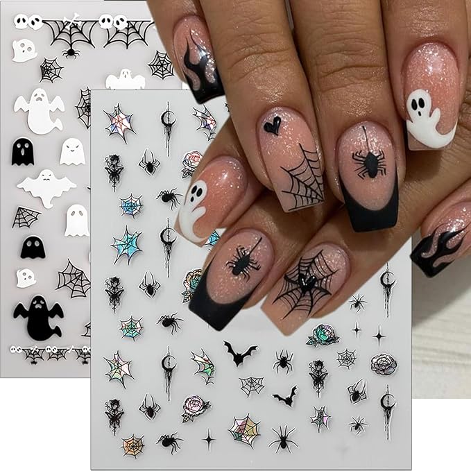 6Pcs Halloween Nail Stickers 3D Spider Web Skull Goth Nails Decals Black Skeleton Hand Bone Bat Spiders Nails Design Ghost Stickers Horror Halloween Nail Art Supplies for Women DIY Manicure Decoration