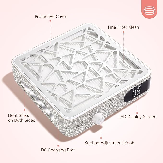 Nail Dust Collector, Powerful Vacuum Fan Vent Dust Collector Extractor Dust Suction Machine for Acrylic Nails Polishing, Nail Salon&Home, White Diamond