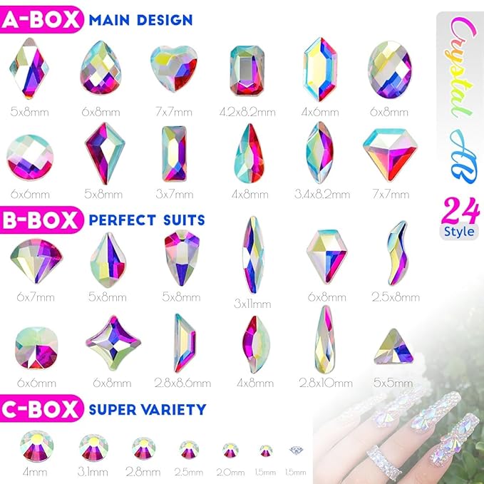 24 Styles AB Crystal Nail Rhinestones Multi Shapes Flatback White AB K9 Glass Gems Round Beads Stones Diamonds Jewels Nail Art Charms Supplies for Nails Face Eyes Makeup Crafts Clothes Tumblers