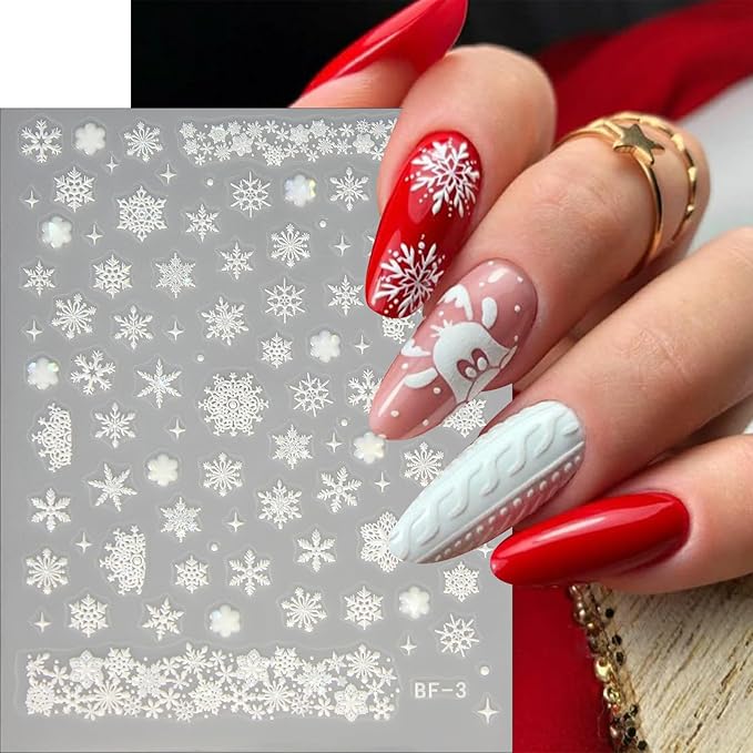6Sheets Christmas Nail Art Stickers Snowflake Christmas Tree Nail Decals with Colorful Snowflake Pink Xmas Tree Snowball Firework Bow Nail Design DIY Christmas Nail Supplies Nail Decor for Women Girls