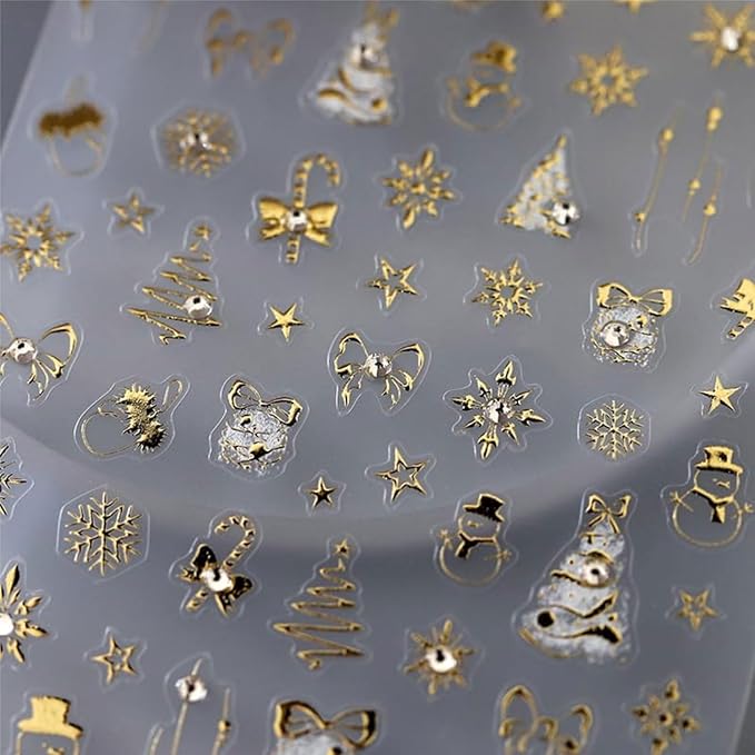 Christmas Nail Stickers Gold Nail Art Stickers Snowflake Snowman Nail Decals with Rhinestones Design Xmas Tree Bow Star Nails Art Decals 5D Embossed Winter Nails Decoration for Women