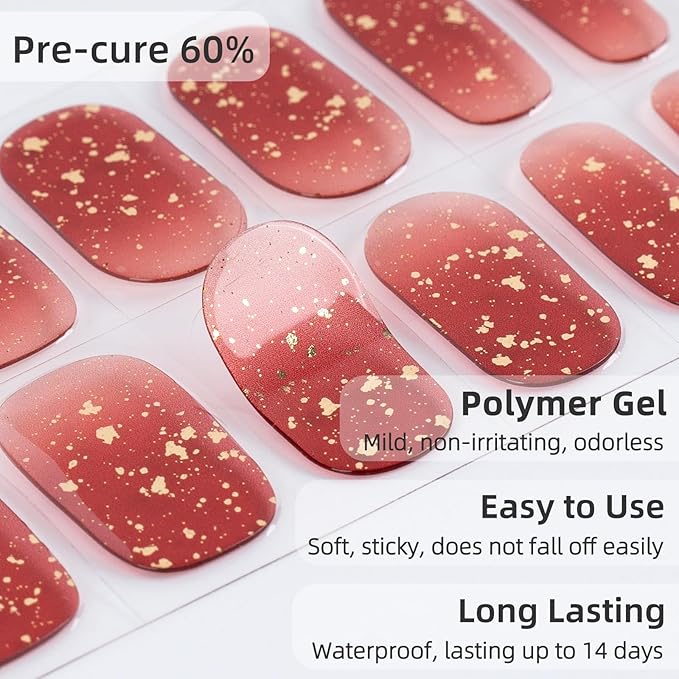 Semi Cured Gel Nail Strips, 28 pcs Gel Nails Stickers for Women Work with Any UV Lamp, Long Lasting Nail Wraps for Home DIY Nails (Gold Shard)