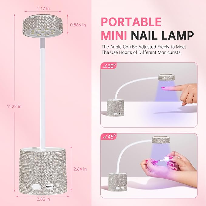 UV LED Nail Lamp, Mini UV Light for Gel Nails Polish, Rechargeable LED Flash Cure Nail Dryer, Quick Drying Goosenecks UV Nail Lamp for Home Nail Salon DIY Manicure, White Diamond