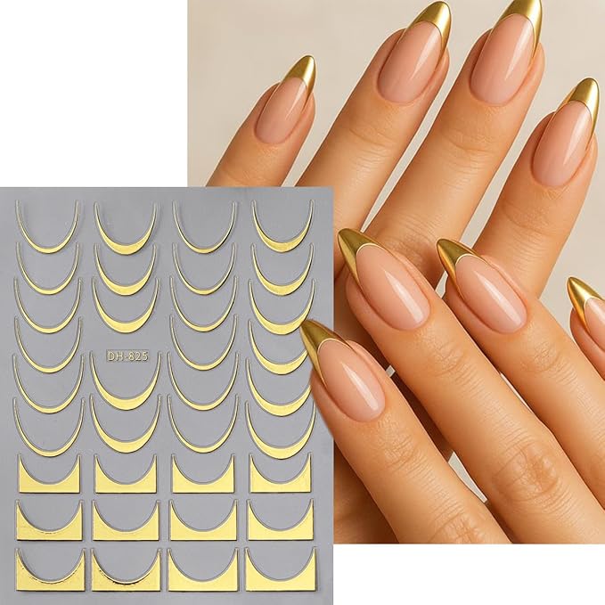 8 Sheets Gold Silver French Stripe Line Nail Stickers, 3D Self-Adhesive Decals with Gold Silver Geometric Waved Curve Lines Design for Elegant French Tips and DIY Manicure Decoration