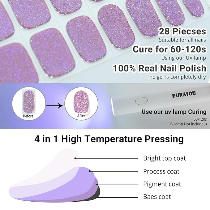 Semi Cured Gel Nail Strips, Purple Sparkle | 28 pcs Gel Nail Strips Work with Any UV Lamp, Salon Quality UV Nails Stickers, Easy to Apply for Home Nails DIY