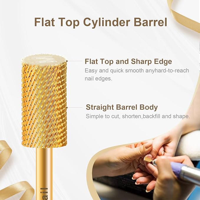 3/32" Large Barrel Flat Top Tungsten Carbide Nail Drill Bit Safety Bit for Gel & Acrylic Removal, 2-Way Rotating Efile Tip, Salon Electric File Accessory (M Grit, Gold)