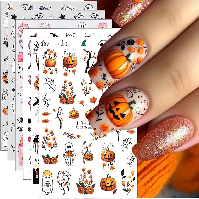 Halloween Nail Art Stickers 3D Pumpkin Flower Ghost Nail Stickers 6PCS Skull Ghosts Virus Leaf Bat Halloween Nails Design Adhesive Decals Manicure Nail Art Accessories Sliders for Women DIY Nail Art