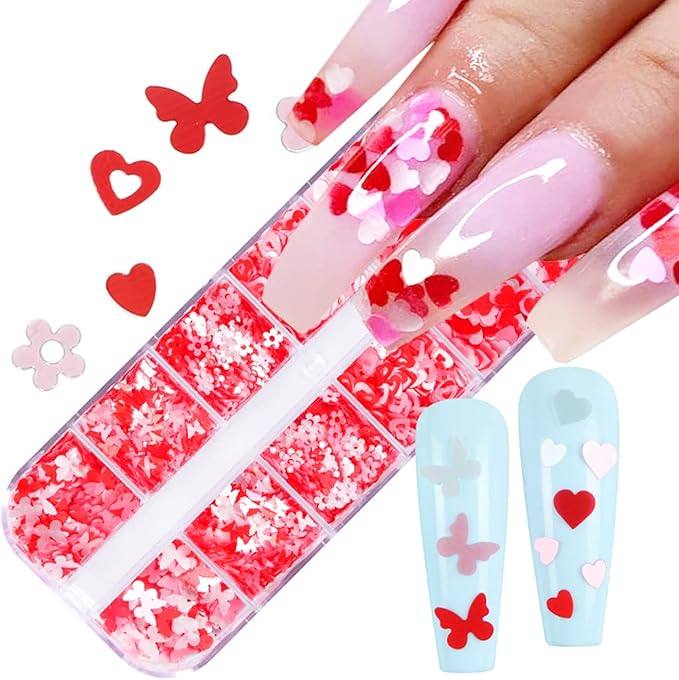 Pink Glitter 3D Sequins, Holographic Love Heart Flowers, Butterfly Nail Art Designs for Women, DIY Resin Tips, Confetti Nails Kit