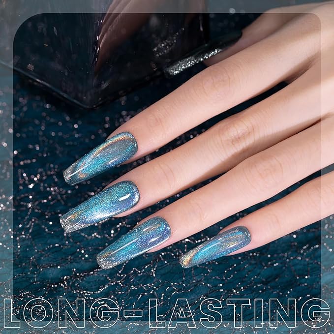 RARJSM Blue Aurora Cat Eye Gel Nail Polish Multichrome Green Orange Color Glitter Candy Glass Diamond Cat Eye Gel Polish with Magnet Stick Soak off UV LED Curing Requires Home Salon Diy Nail Art