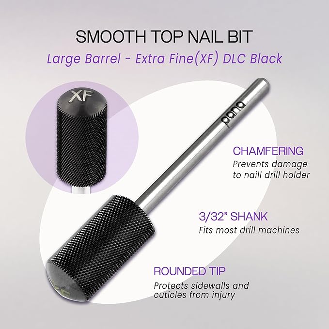 PANA 3/32" Large Smooth Round Top Safety Carbide Nail Drill Bit for Gel Polish & Acrylic Removal Nail Salon Manicure Pedicure Electric File Tools (Large Barrel - DLC Black, Extra Fine)
