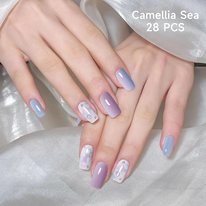 28pcs Semi Cured Gel Nail Strips, Gel Nail Stickers Kit Work with Any UV Lamps, Long Lasting Nails Wraps for Women, Easy to Use and Remove (Camellia Sea)