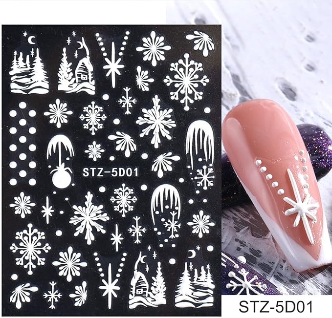5D Embossed Snowflake Nail Art Stickers Christmas Nail Decal White Flower Lace Nail Decal Snowflake Leaf Nail Sticker Design Self-Adhesive Nail Decoration Supplies for Women DIY Christmas Manicure