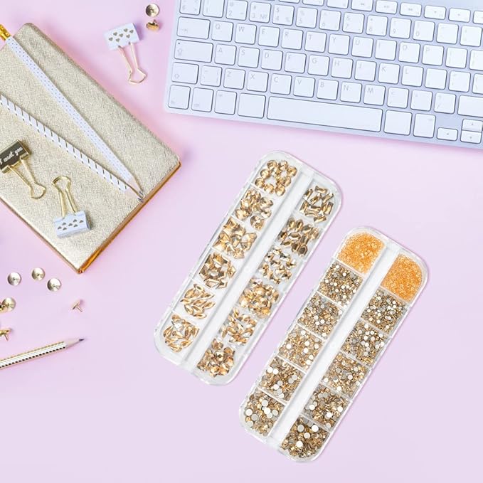 4080Pcs Gold Nail Rhinestones, More Quantity 1.5-4mm Mini Flatback K9 Glass Crystal & 3D Multi Shapes Gems, Champagne Gold Gems Round Stones Diamonds jewels Gemstones for Nail Face Eyes Makeup