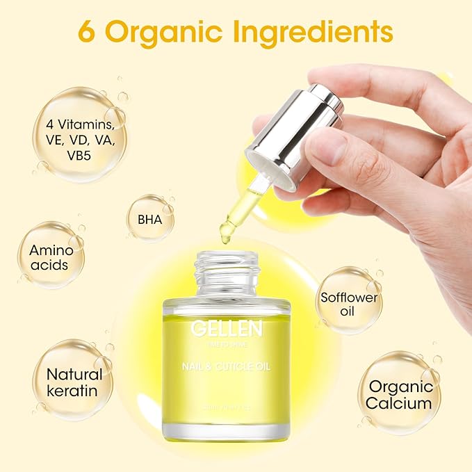 GELLEN Nail Growth Oil, Nail and Cuticle Oil for Growth and Strength, Vitamin E Natural Keratin Cuticle Nails Serum for Hydrating, Nourishing, Strengthening, Repairing, 0.68 Oz