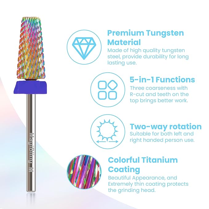 Professional 5 in 1 Tapered Nail Drill Bits, 3/32'' Safety Tungsten Carbide Bits, Remove Hard Gel Fast, Left & Right Hand Use, Easy for Beginner, Technicians Bits, Medium.