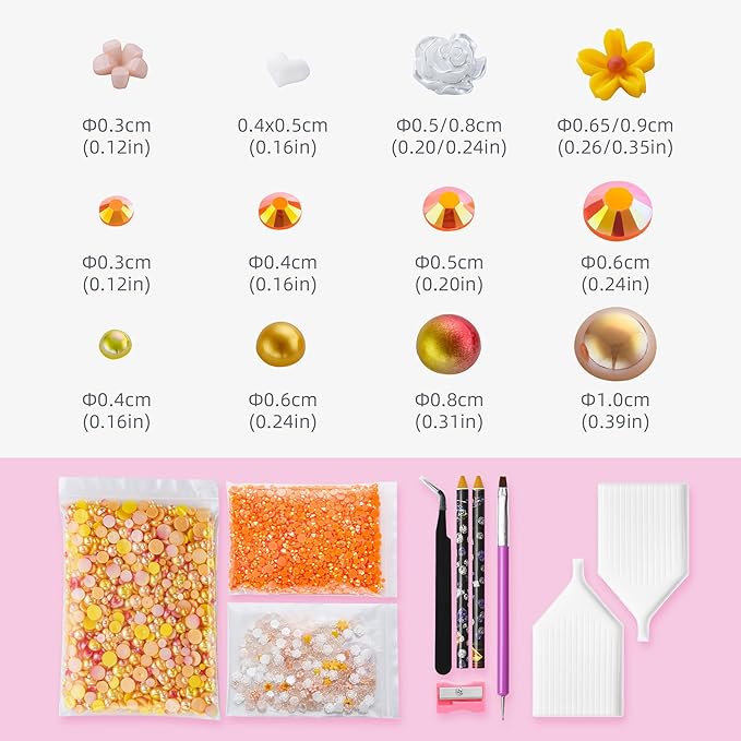 Sun Magic 160g Orange Flat Back Pearls Rhinestones for Crafts Mixed Size 3mm-10mm AB Color Round Half Pearls Flatback Pearl Beads and Resin Rhinestones Set for Face Art