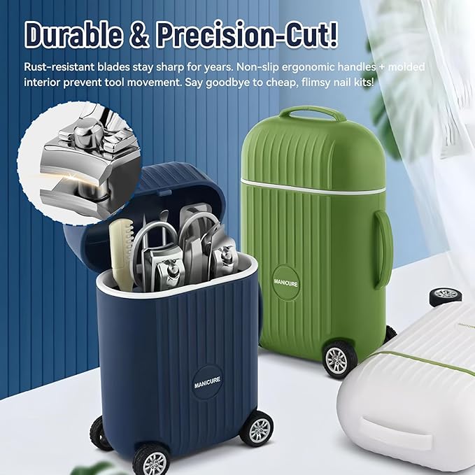 Travel Luggage Style Manicure Set, 6-in-1 Nail Care Kit with Stainless Steel Tools, Compact Design (Green)