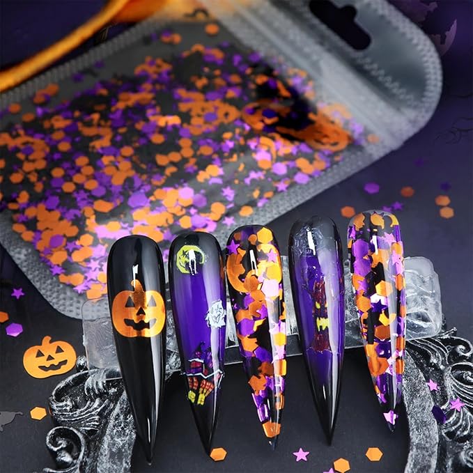 Halloween Pumpkin Nail Glitters Halloween Nail Art Sequins 3D Holographic Glitters Mixed Shape Confetti Skull Ghost Spider Bat Design Nails Glitters for Women Girls Face Body Nail Decoration