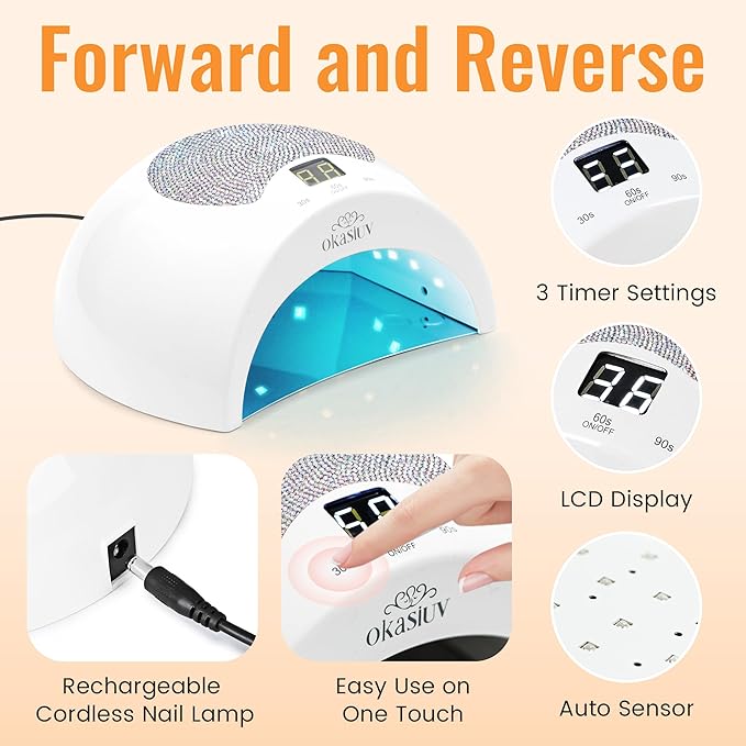 UV LED Nail Dryer with AB Rhinestones - Rechargeable, Touch Screen, 3 Timer Settings, Quick Cure for Gel Polish, Portable for Salon & DIY