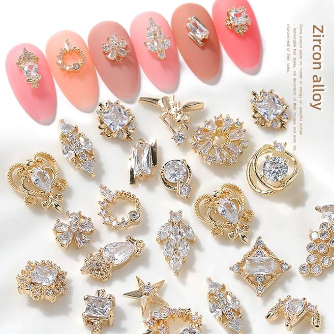 HNUIX Nail Charms and Gems - Gold Copper Zircon, Multiple Shapes, Metal Jewelry Rhinestones Charms, 22Piece
