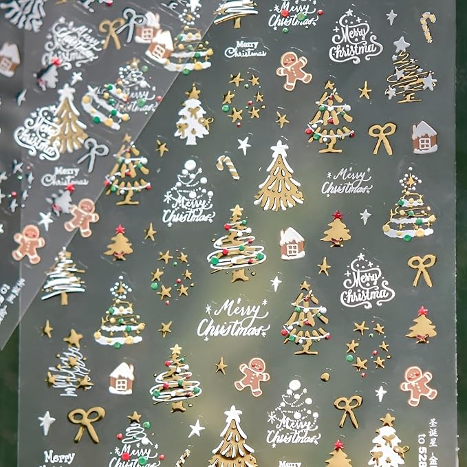 Christmas Nail Stickers Gold Nail Sticker for Nail Art Winter 5D Self-Adhesive Nail Decals Bow Gingerbread Man Nails Design Christmas Tree Nails Supplies Decoration for Women and Girls