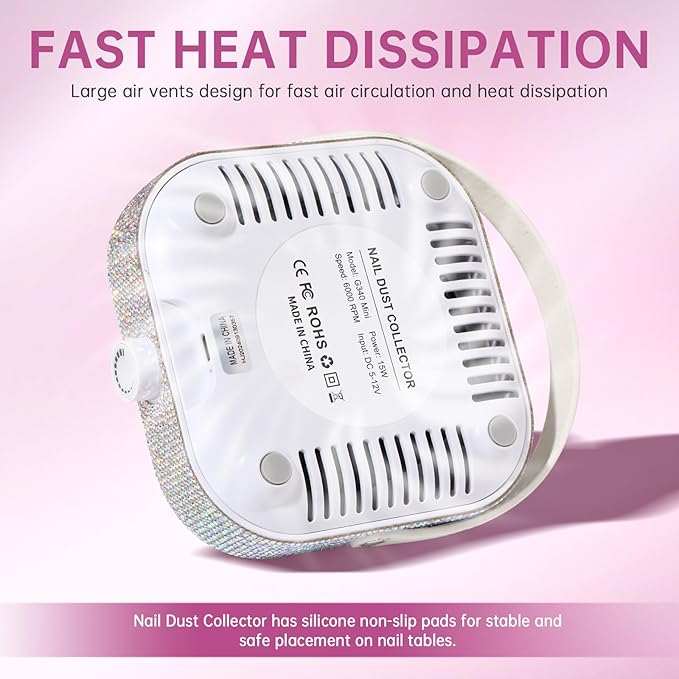 Nail Dust Collector, Mini Bling Crystal Diamond Compact 6000RPM Powerful Vacuum Fan Vent Dust Collector Extractor Dust Suction Machine for Acrylic Nails Polishing, Fast Charging