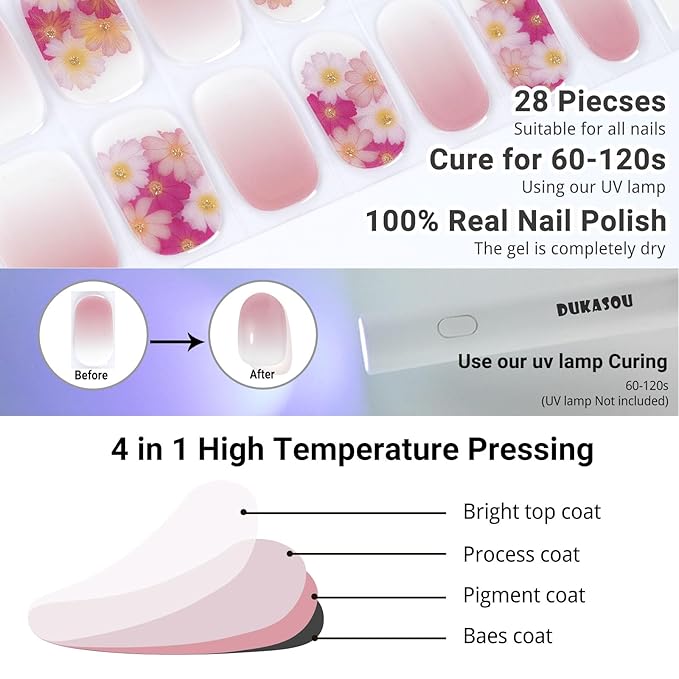 Semi Cured Gel Nail Strips, Spring Blossoms | 28 pcs Gel Nail Strips Work with Any UV Lamp, Salon Quality UV Nails Stickers, Easy to Apply for Home Nails DIY