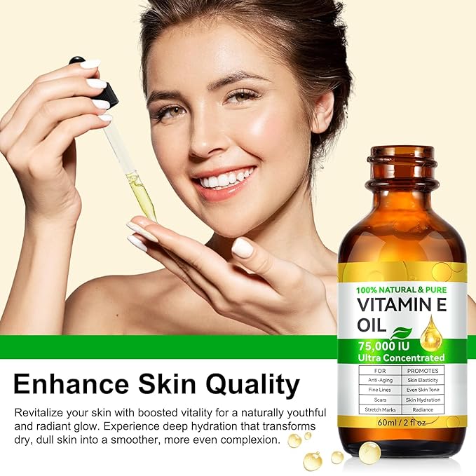 Vitamin E Oil Blend 75,000 IU, Pure Vitamin E Oil for Skin, Scars, Nails and Scalp, Face and Body Moisturizer, Hydrating Dry Skin, Reduce Stretch Marks, Fine Lines & Wrinkles, 2Fl Oz (Pack of 2)
