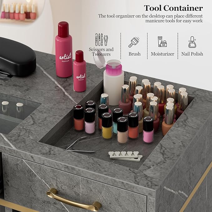 Nail Tech Table with Dust Collector, Glass Top Manicure Table Nail Desk Station w/7 Drawers & 3-Tiers Open Shelves, Nail Beauty Workstation w/Wrist Cushion & Golden Handles（Gray Marble Color）