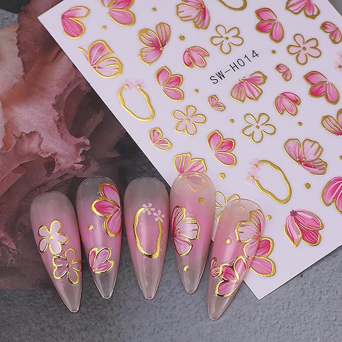 Flower Nail Art Stickers Decals,Colorful Petal Gold Line Nail Stickers for Nail Art Pink Floral Plant Nail Design Flowers Sticker for Nails Spring Manicure DIY for Women Nail Decor Accessories 4PCS