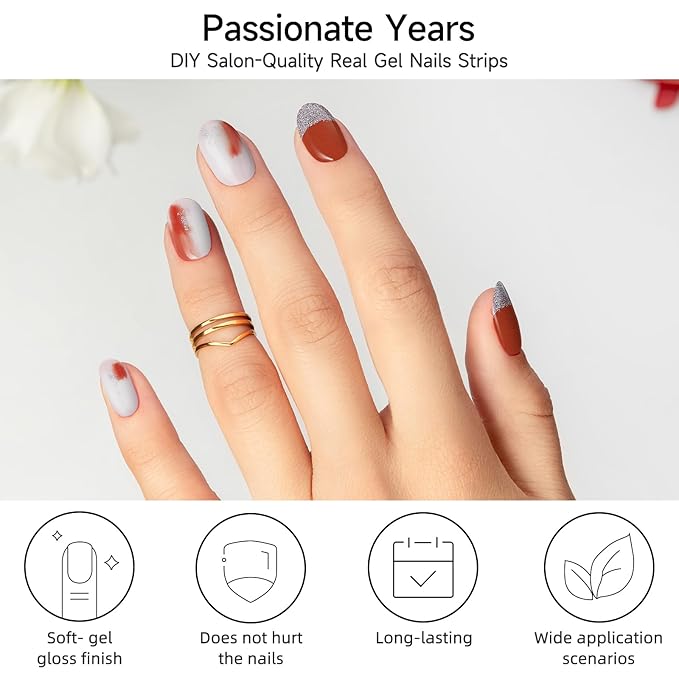 Semi Cured Gel Nail Strips, Passionate Years | 28 pcs Gel Nail Strips Work with Any UV Lamp, Salon Quality UV Nails Stickers, Easy to Apply for Home Nails DIY