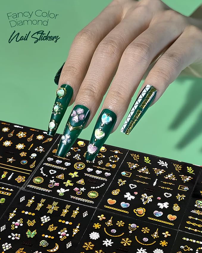 60 Sheets Nail Stickers for Nail Art, Self Adhesive Nail Decals with Colorful and Gold Nail Charms and Gems Nail Art Stickers, Nails Supplies for Nails Design Kit
