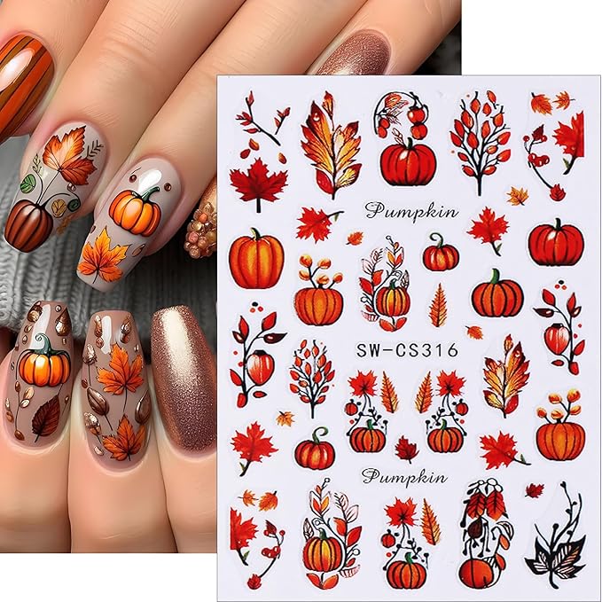 Fall Maple Leaves Nail Art Stickers for Thanksgiving, Fall Pumpkin Nail Decals 3D Self-Adhesive with Maple Leaves Design 6Pcs Fall Glitter Nail Art Supplies for Women Nail Decoration
