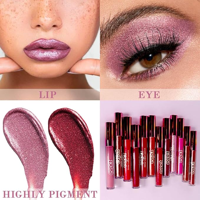 evpct 2Pcs Mauve & Dark Red Matte to Glitter Liquid Lipstick Set Kit for Women Long Lasting Glossy Metallic Shimmer Sparkle Lipstick Lip Gloss 01+04