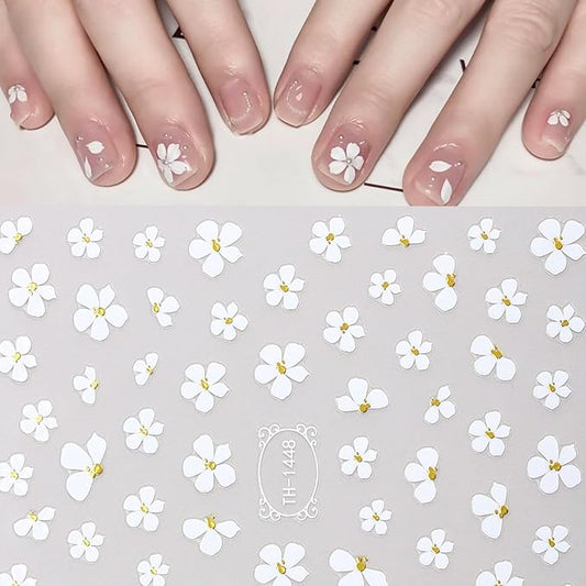 Flower Nail Art Stickers Decals, 3D Self-Adhesive White Flower Nail Design, Cherry Blossoms Nails Art Decoration for DIY Decoration Stencil Tools