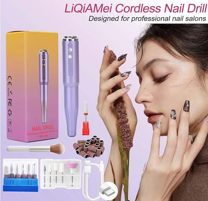 Nail Drill and Dremel - 14-in-1 Portable USB-Powered Nail Care Set with 20000RPM Speed for Gel, Dip Powder, Manicure, Pedicure, Shaping & Polishing, in Elegant (Violet)