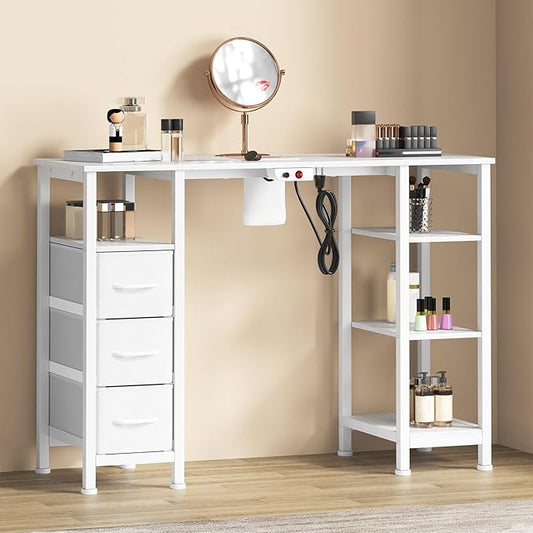 Nail Desk for Nail Tech w/Electric Dust Collector, Manicure Table w/3 Storage Drawers & 3 Open Shelves for Beauty Salon Tech Station