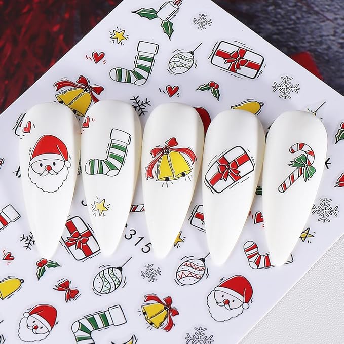 Christmas Nail Art Stickers Decals 3D Christmas Nail Stickers for Nail Art 6PCS Gingerbread Man Candy Cane Santa Claus Holly Cartoon Xmas Nails Design Adhesive Sliders Accessories for Nail Decorations