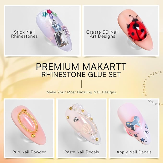 Makartt Nail Rhinestone Glue Gel Set: 60g 3D Super Strong No Wipe Nail Glue for Charms Gems Crystals Beads Decorations DIY Beginners & Salon UV Lamp Needed (2PCS Low & Medium Viscosity)