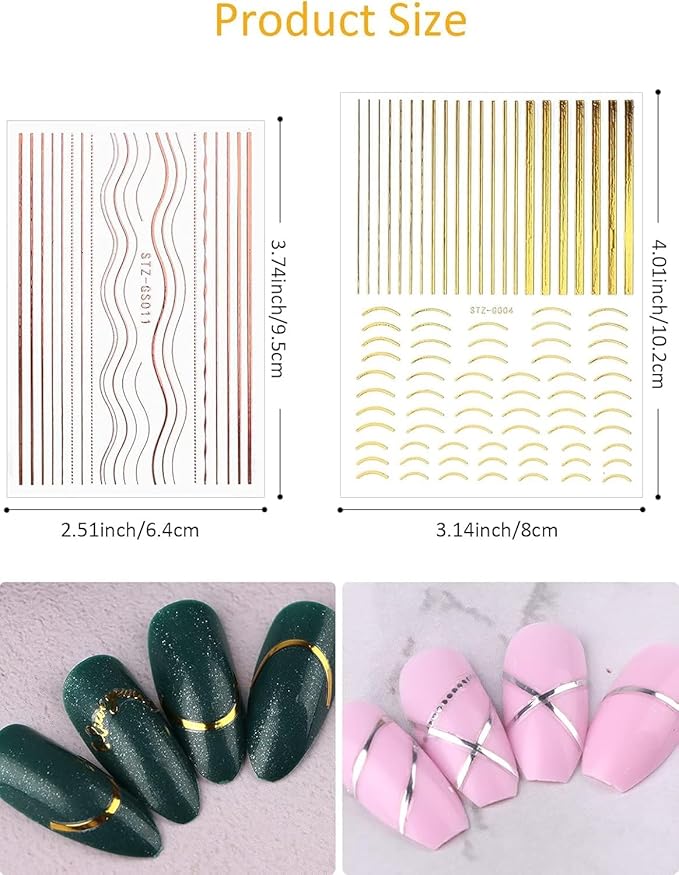 EBANKU 12 Sheets Gold Silver Metal Nail Stickers, Metallic Curve Strip Line Nail Decal Self-Adhesive 3D Wave Design DIY Decoration for Women Girls