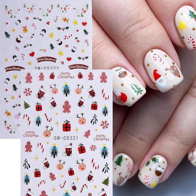 Christmas Nail Art Stickers 3D Self-Adhesive Cute Elk Gift Xmas Nail Decals Nail Art Supplies 6PCS Deer Candy Cane Gingerbread Man Cartoon Christmas Nails Design Manicure Slider Accessories for Women