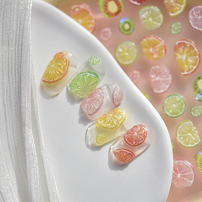 5D Embossed Colorful Fruit Nail Art Stickers Decals Summer Nail Stickers Self-Adhesive Orange Lemon Grapefruit Kiwifruit Exquisite Design Summer Nails Sticker Manicure Supplies for Women DIY Nails