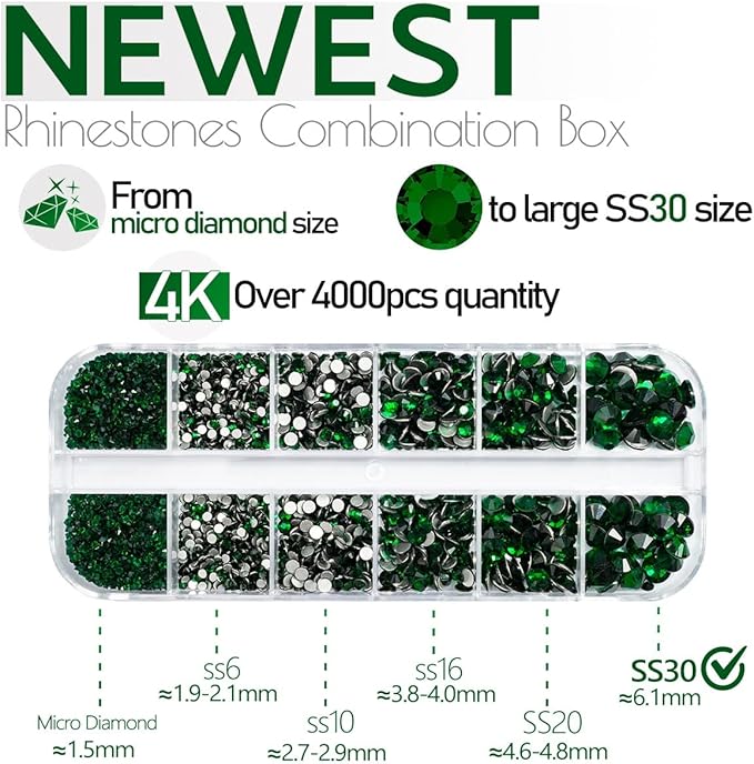 4010pcs Green Nail Art Rhinestones Kit, qiipii Round Glass Emerald Flatback Crystal Stones Nail Charms 6 Sizes (1.6-6.1 mm) Up to SS30 Nail Gems w Pick up Tweezer Pen for Nail Crafts Face Eyes Makeup