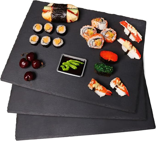3 Pack 12 x 16 Inch Slate Cheese Boards, Black Square Slate Charcuterie Boards, Natural Charcuterie Stone Plates for Parties, Gifts, and Special Events, Cheese, Sushi, Food.