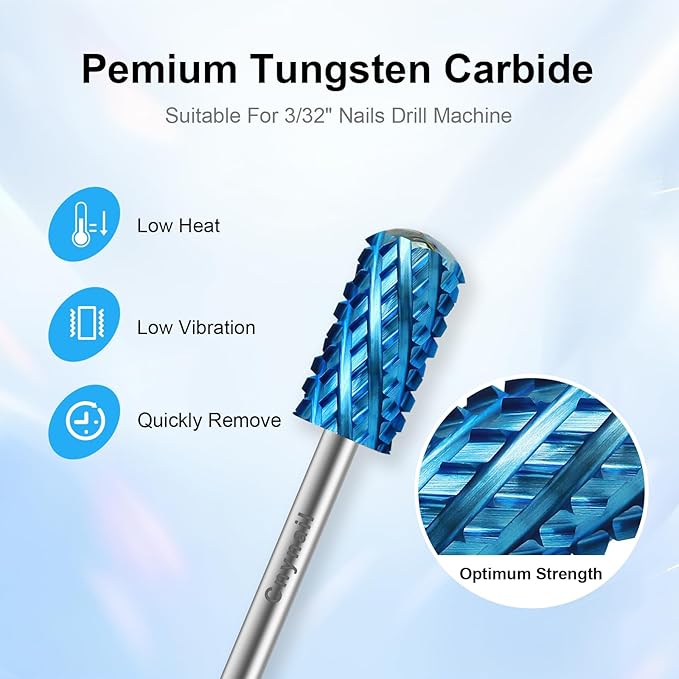 3/32" Large Barrel Smooth Round Top Tungsten Carbide Nail Drill Bit Safety Bit for Gel & Acrylic Removal, 2-Way Rotating Efile Tip, Salon Electric File Accessory (4XC Grit, Blue)