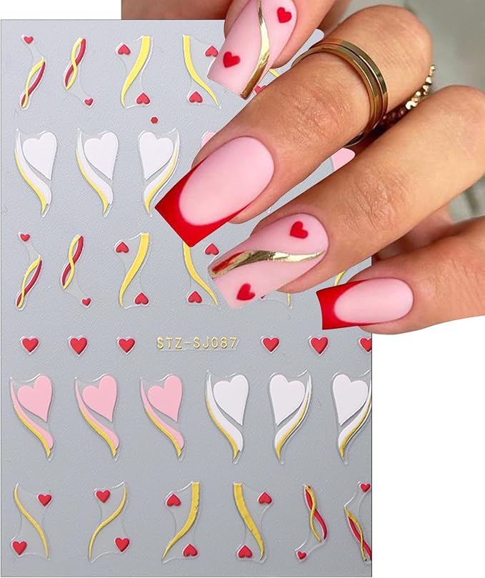6pcs Valentine's Day Nail Art Stickers 3D Heart Shape Self-Adhesive Cute Bear White Red Pink Love Heart Design Nail Decals Gold Curve Design Nail Decals Suitable for Women Girls Nail Art Decoration