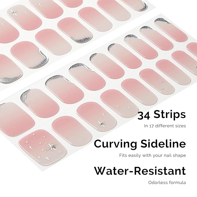 Semi Cured Gel Nail Strips - NAILOG 34 Pcs Gel Nail Stickers Buy 2 Get 1 UV Light | Long Lasting Nail Wraps with Glossy Gel Finish Clear Pink, Star River