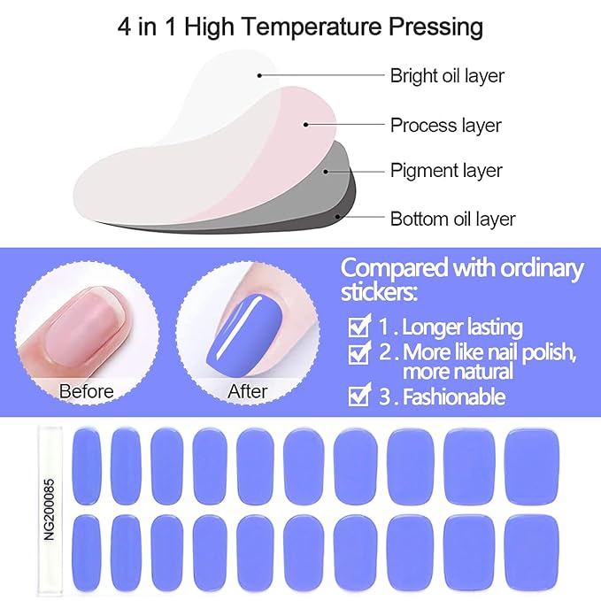 WOKOTO 20 Pcs Sky Blue Semi Cured Gel Nail Strips With Nail File & Wooden Stick, Solid Nail Polish Strips Gel Nail Stickers Full Nail Wraps For Women, Long Lasting Stick On Real Nail Polish Stickers