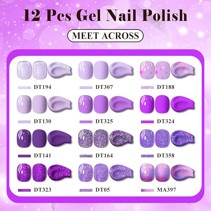 MEET ACROSS 12PCS Gel Nail Polish Set, 12 Colors Gel Nail Kit Art Design Soak Off UV LED,Nail Art Design Gifts for Women (Purple, 12PCS)