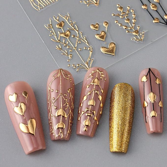 Golden Heart Nail Stickers for Nail Art 3D Bronzing Heart Nail Art Stickers 3PCS Metallic Golden Love Hearts Tree Stripe Design Self-Adhesive Nails Decals Supply for Women DIY Manicure Decorations